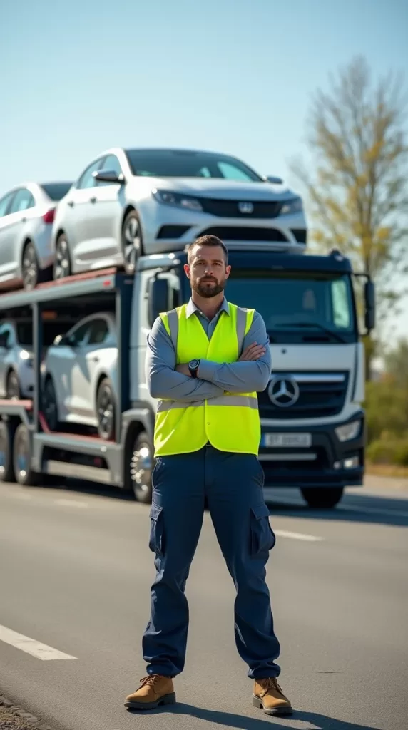 trasportatori auto professionali in piedi davanti a un camion bisarca carico di auto nuove, in un'area di servizio autostradale, simbolo di esperienza e affidabilità nel trasporto auto.