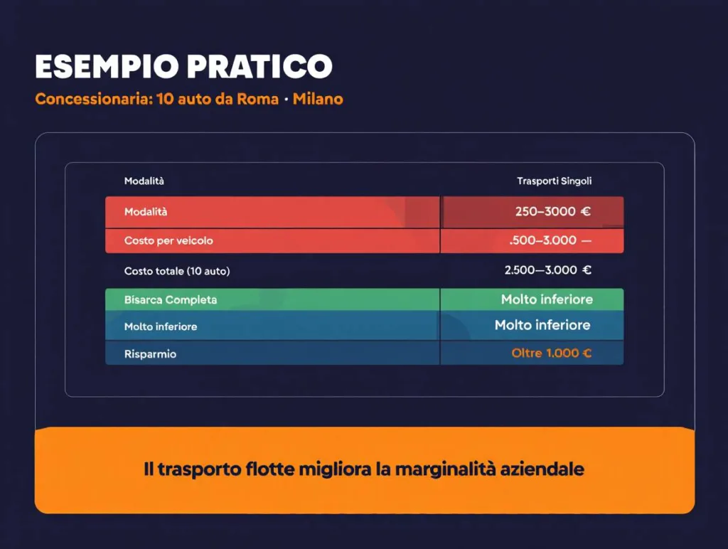 Esempio costo trasporto auto bisarca da Roma a Milano confronto prezzi trasporto singolo e bisarca completa per aziende