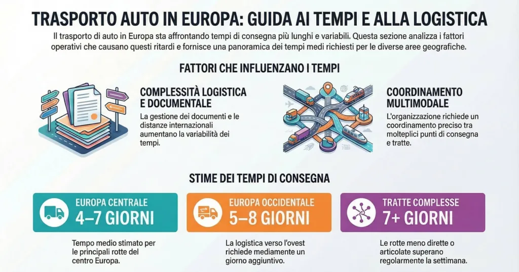 Infografica sui tempi di trasporto auto in Europa con bisarca e fattori logistici che influenzano le consegne