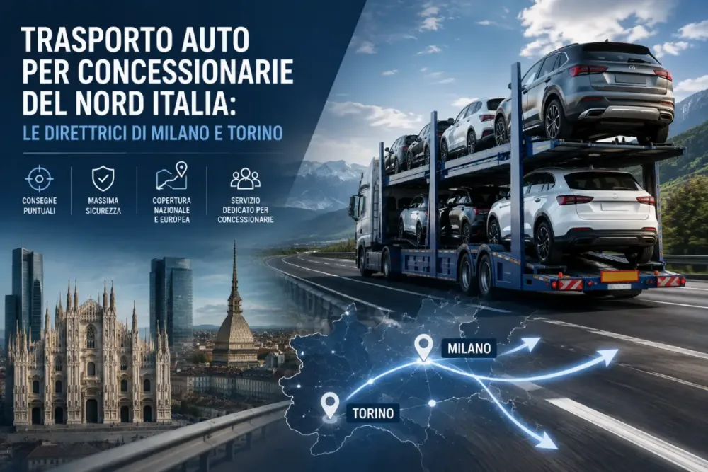 Trasporto auto concessionarie nel Nord Italia con bisarca lungo le direttrici logistiche di Milano e Torino per dealer e operatori automotive B2B.